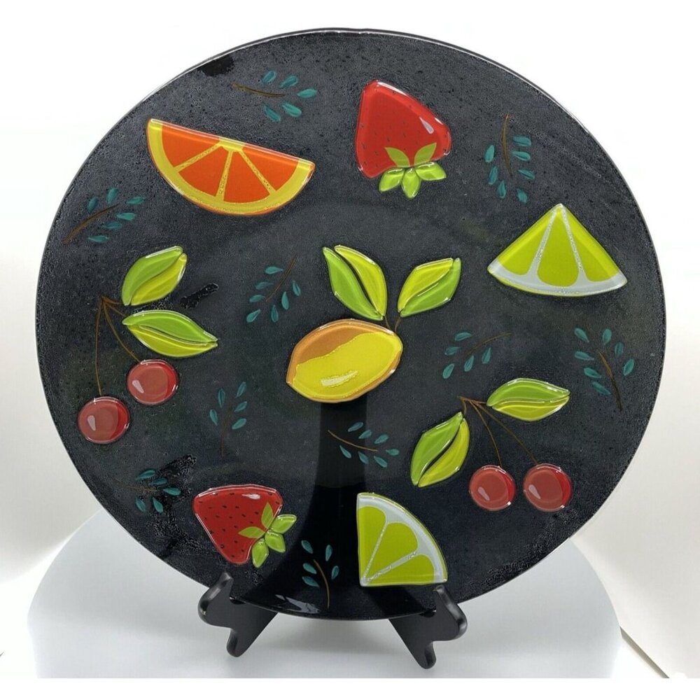 Large 16" Round Platter Vibrant Fused Glass Citrus & Cherry on Black Background